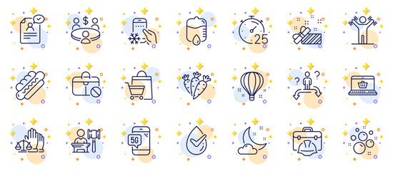 Outline set of Refrigerator app, Resume document and Air balloon line icons for web app. Include 5g phone, Dermatologically tested, Clean bubbles pictogram icons. Drop counter, Auction. Vector