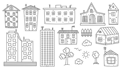 Houses and Buildings Doodle Set. Hand drawn black line art town and cityscape elements collection. Tree, sun, cloud, birds. Vector illustration