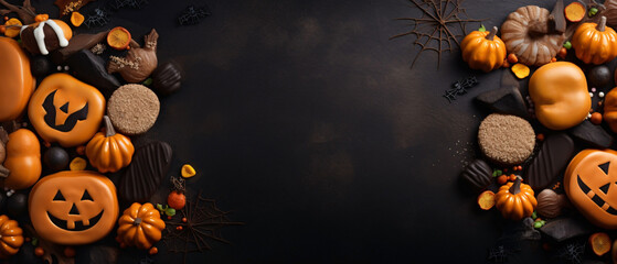 Top view of Halloween treats pumpkins cookies and candies background on a dark dining table with copy space. Halloween background concept - obrazy, fototapety, plakaty