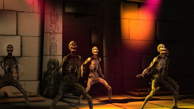 Seamless animation of a mummies dancing thriller in egyptian ruins with disco lights. Funny cartoon character for Halloween background.