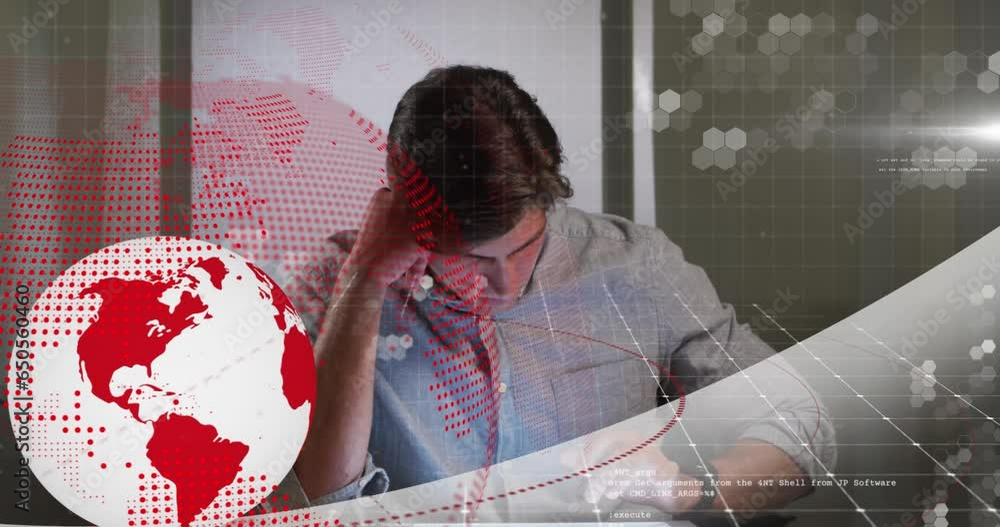 Poster animation of globe and computer language over caucasian man scrolling on digital tablet
