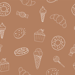 sweets seamless pattern hand drawn in doodle style. food background, wallpaper, textile, wrapping paper, wallpaper