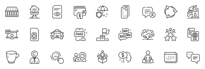 Fototapeta na wymiar Icons pack as Recycle, Umbrella and Pay line icons for app include Video conference, Dots message, Tea cup outline thin icon web set. Bid offer, Winner flag, Augmented reality pictogram. Vector