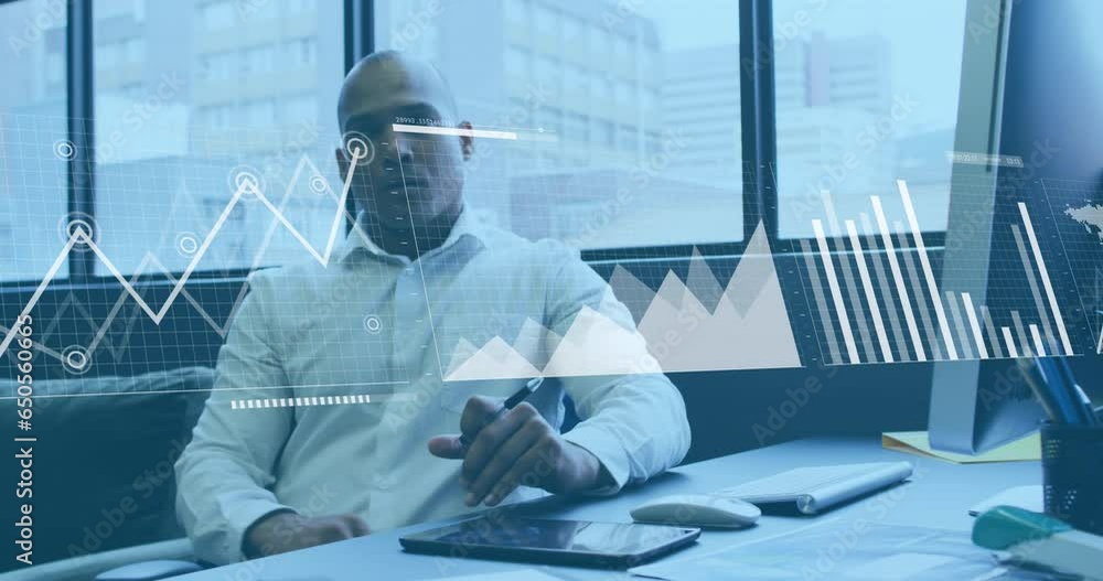 Poster animation of statistical data processing against thoughtful biracial man at office
