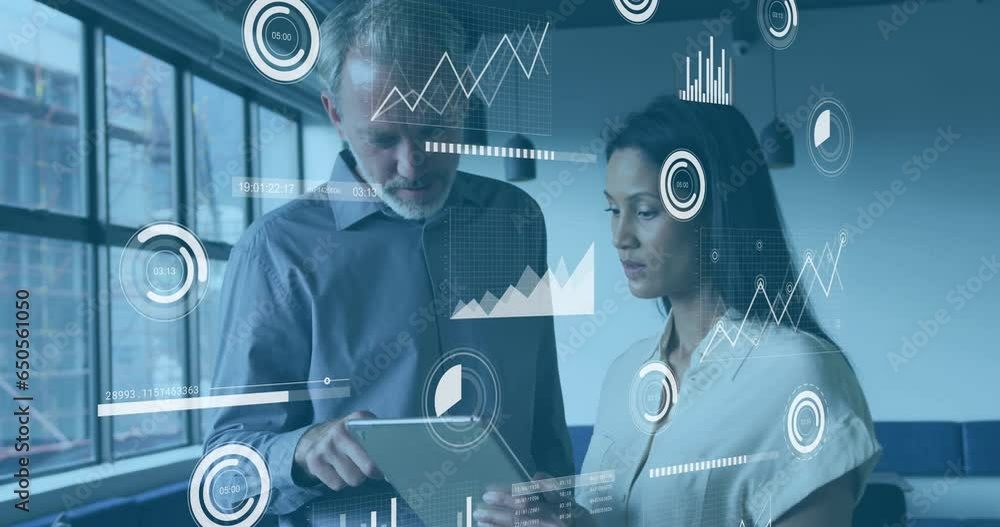 Poster Animation of statistical data processing over diverse man and woman discussing over tablet at office