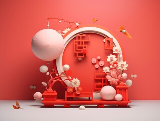 3d style minimalistic Chinese New Year celebration bright colors composition
