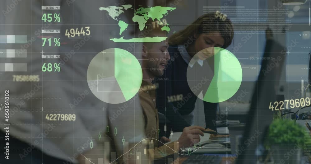 Aufkleber animation of statistical data processing against diverse man and woman discussing at office