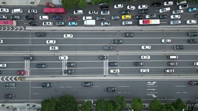 Aerial video of a busy road with vehicles in the city of Guangzhou, China