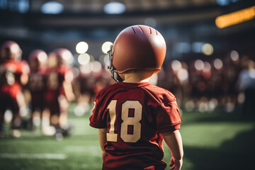 child boy American Football or Rugby Players Wearing red number 18, put on a helmet in the center of the field. Surrounded by team athletes inside the stadium. The future sports career of the child.
