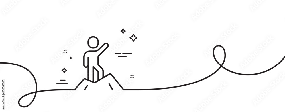 Poster leadership line icon. continuous one line with curl. person raised his hand sign. business skill sym