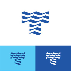 Modern letter T Wave logo. Letter T monogram and waves logo symbol.