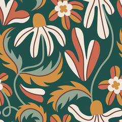 Groovy chamomile seamless pattern. Wavy floral fashion print with Matisse inspired curvy abstract flowers and leaves. Contemporary repeat vector illustration