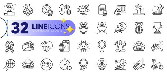 Outline set of Honor, Timer and Best rank line icons for web with Yoga, Sports arena, Best result thin icon. Bicycle parking, Bicycle helmet, Winner pictogram icon. Vegetables. Vector