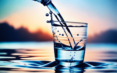 Pour water into the glass that is in the water. Create beautiful waves, water drops, and water splashes. Macro view.