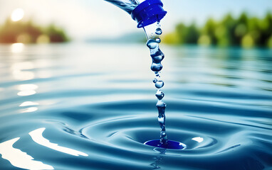 pour water into the river Create beautiful waves, water drops, and water splashes. Macro view.