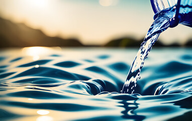 pour water into the river Create beautiful waves, water drops, and water splashes. Macro view.