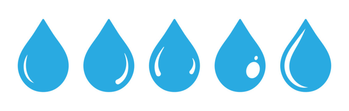 Water drop set in sky blue color. Water drop shape. Blue water drops set. Water or oil drop. Flat style Isolated on white background - Vector Illustration.