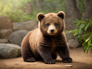 Obraz premium Brown bear sitting on the sand in the forest. Wildlife scene. AI-Generated