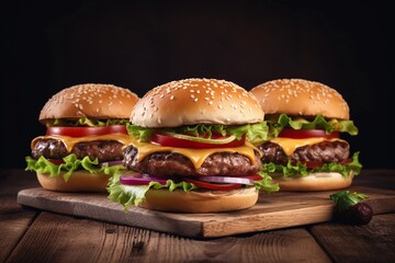 Close up of fresh tasty burgers, created with Generative AI technology.