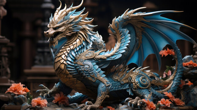 Chinese blue dragon statue with open wings close-up view with selective focus