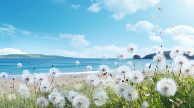 White dandelions on the beach with a seascape in the background. Fluffy dandelion flower on the beach with blue sky and white clouds.
