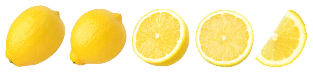 ripe lemon fruit, half and slice lemon isolated, Fresh and Juicy Lemon, transparent PNG, collection, cut out