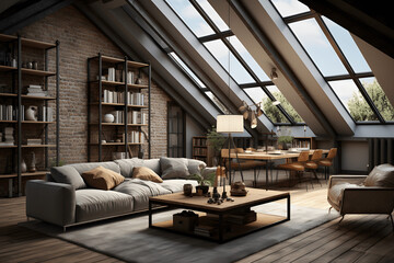 Attic living room in industrial style, 3D rendering.