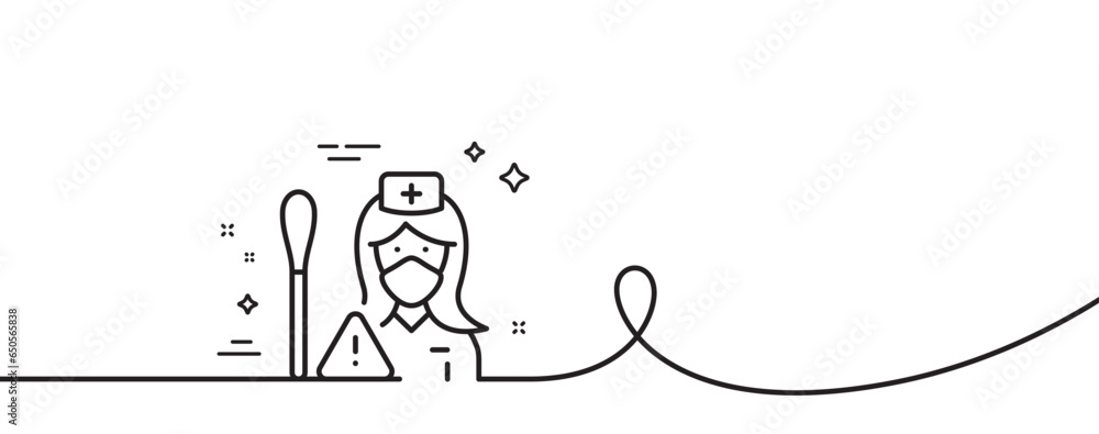 Poster nurse with cotton swab line icon. continuous one line with curl. doctor assistant sign. face protect