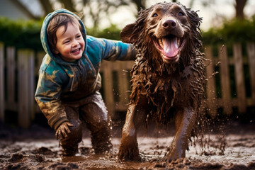 a child and their dog covered head to toe in mud after a playful romp in the backyard. AI generative. - obrazy, fototapety, plakaty