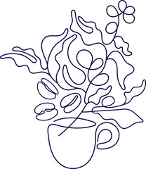 Tea abstract symbol. Continuous line drawing of cup of tea, branch and leaves. Graphic print