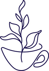 Tea abstract symbol. Continuous line drawing of cup of tea, branch and leaves. Graphic print