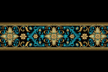 A blue and gold background with a border with gold and turquoise beads, Generative AI