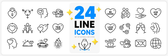 Icons set of Woman love, Heart and Hold heart line icons pack for app with Love her, Romantic talk, Romantic dinner thin outline icon. Friend, Champagne glasses, Ask me pictogram. Vector