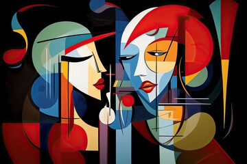 Women chatting, socializing and gossiping, modern art painting with bright color