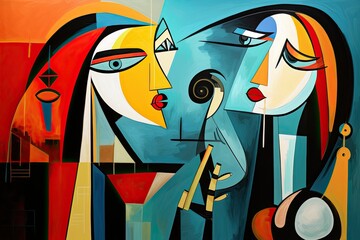 Women chatting, socializing and gossiping, modern art painting with bright color