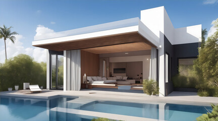 Captivating Modern Villa with Open Plan Living, Private Bedroom Wing, and Cozy Terrace for Relaxation - Stunning Generative AI Image
