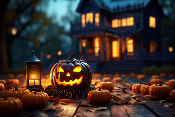 Halloween Spooky Landscape Background with Pumpkins, Candles, and Dry Leaves in the Foreground and a Horror Haunted House in the Background - Powered by Adobe