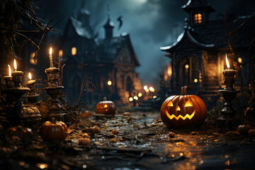 Halloween Spooky Landscape Background with Pumpkins, Candles, and Dry Leaves in the Foreground and a Horror Haunted House in the Background