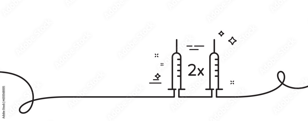 Poster coronavirus 2x vaccine line icon. continuous one line with curl. corona syringe sign. covid jab symb