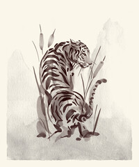 TIGER IN BACK WATER COLOR RETRO ILLUSTRATION DESIGN