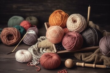 Yarn and accessories for knitting and crochet arranged in a flat lay composition. Generative AI
