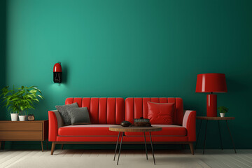Home interior with red sofa, table and decorations in green living room, 3d render.
