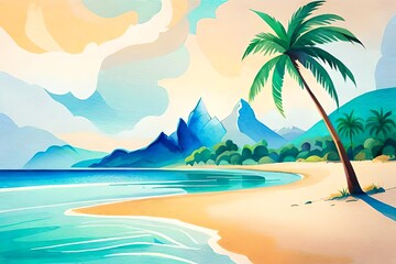Fototapeta na wymiar Beach view with palm trees, mountains - Generated by AI