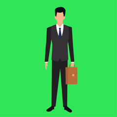 Flat illustration of businessman standing with briefcase on green background.
