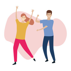 Flat illustration of happy young couple in pose of dancing on pink background.
