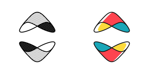 Arrow logo. Yin and yang in circle emblem. Optical illusion sign. Retro 3D icons set with black and white polka dots and color options. Vector impossible shape for halftone label, vintage posters.