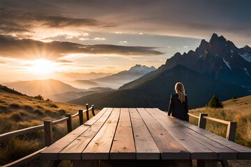 wooden table and mountains landscape in morning sk