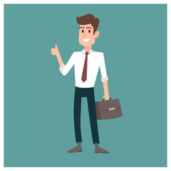 Vector illustration of a businessman in positive gesture holding briefcase and showing thumbs up.

