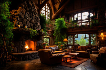 Fototapeta premium cozy living room in the chalet, wood trim, fireplace