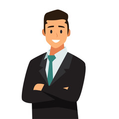 Vector illustration of a smiling businessman in standing pose with folded arms.
